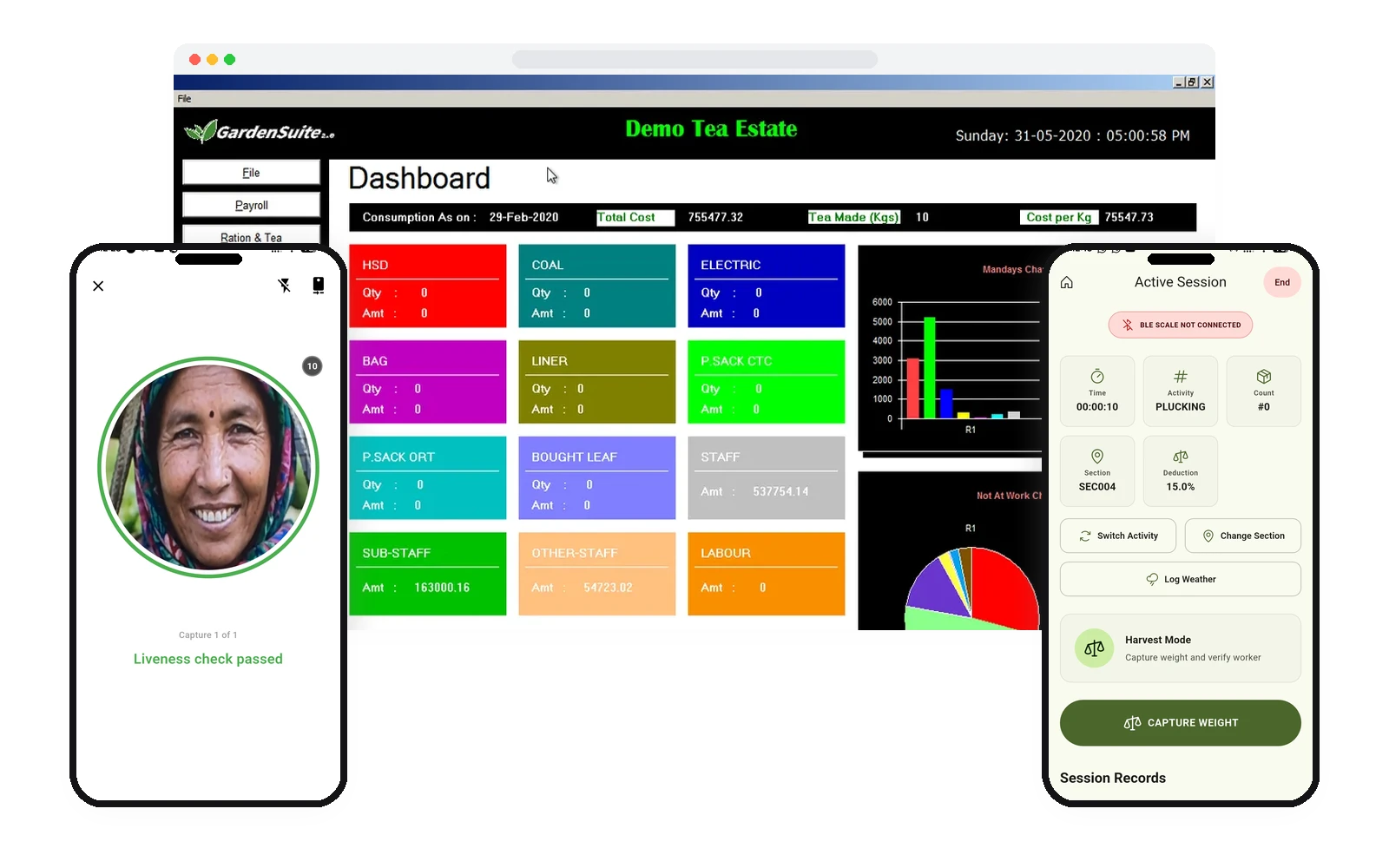 GardenSuite multi-app ERP suite showing desktop management app and mobile attendance and weighment apps